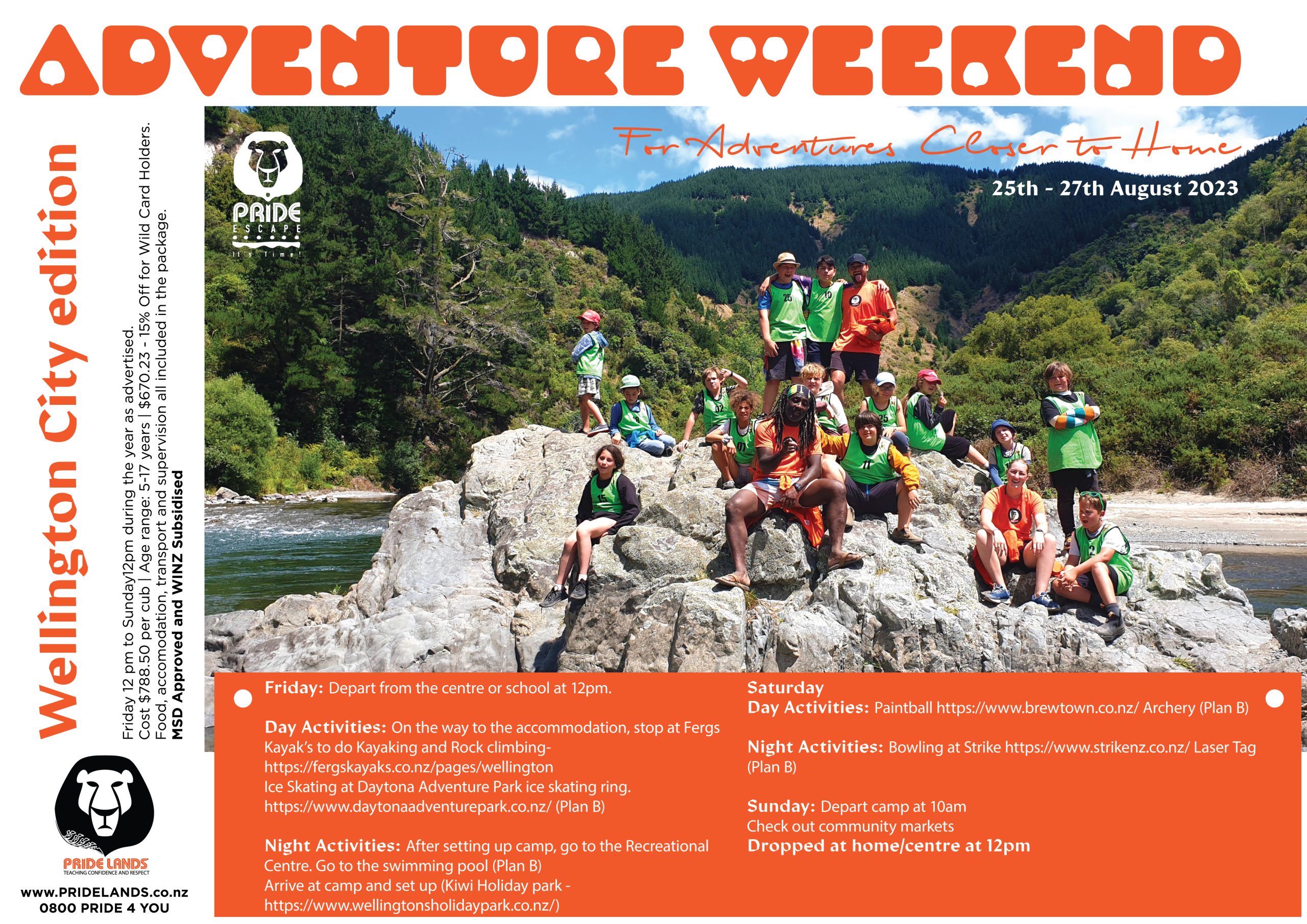Flyer for Pride Lands Wellington Adventure Weekend